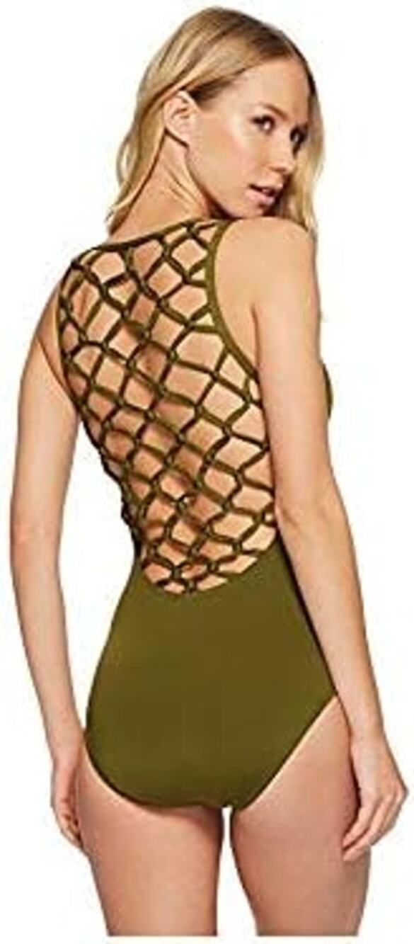 JANTZEN Macrame Swimsuit NWT Olive Green One Piece Lattice Back Women's 12
